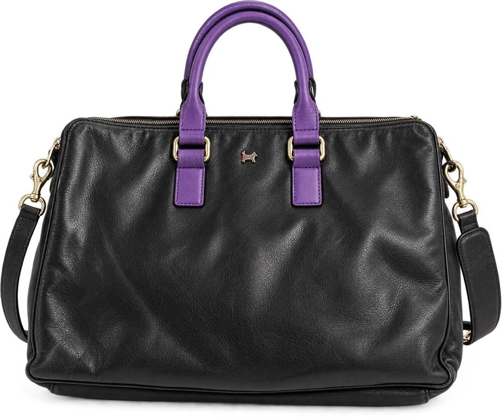 Radley London Black Leather Purple Handle Briefcase Satchel Shoulder Bag